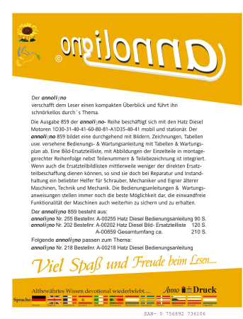 Hatz Diesel Motor Typen 1D30-31-40-41-60-80-81-A1D35-40-41 Bedienungsanleitung & Bild-Ersatzteilliste & Explosionszeichnungen - annoligno 859